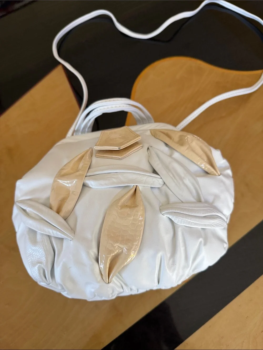 NWT White and Beige Appliqué Leather Clutch/Satchel/Crossbody Bag